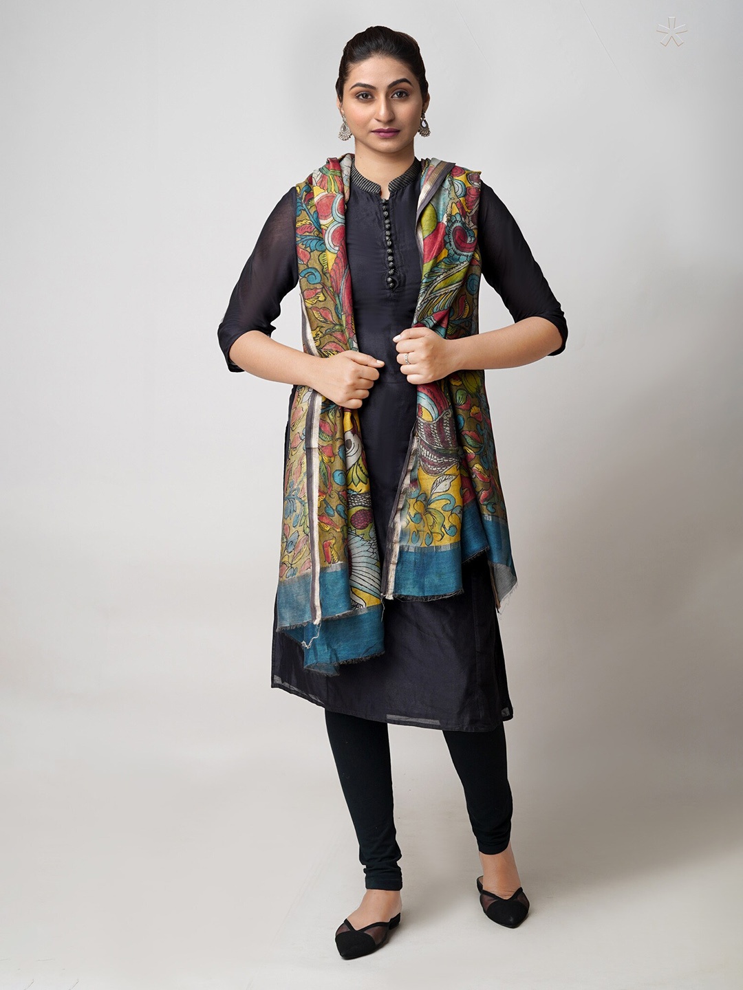 

Unnati Silks Ethnic Motifs Printed Kalamkari Cotton Silk Dupatta, Green