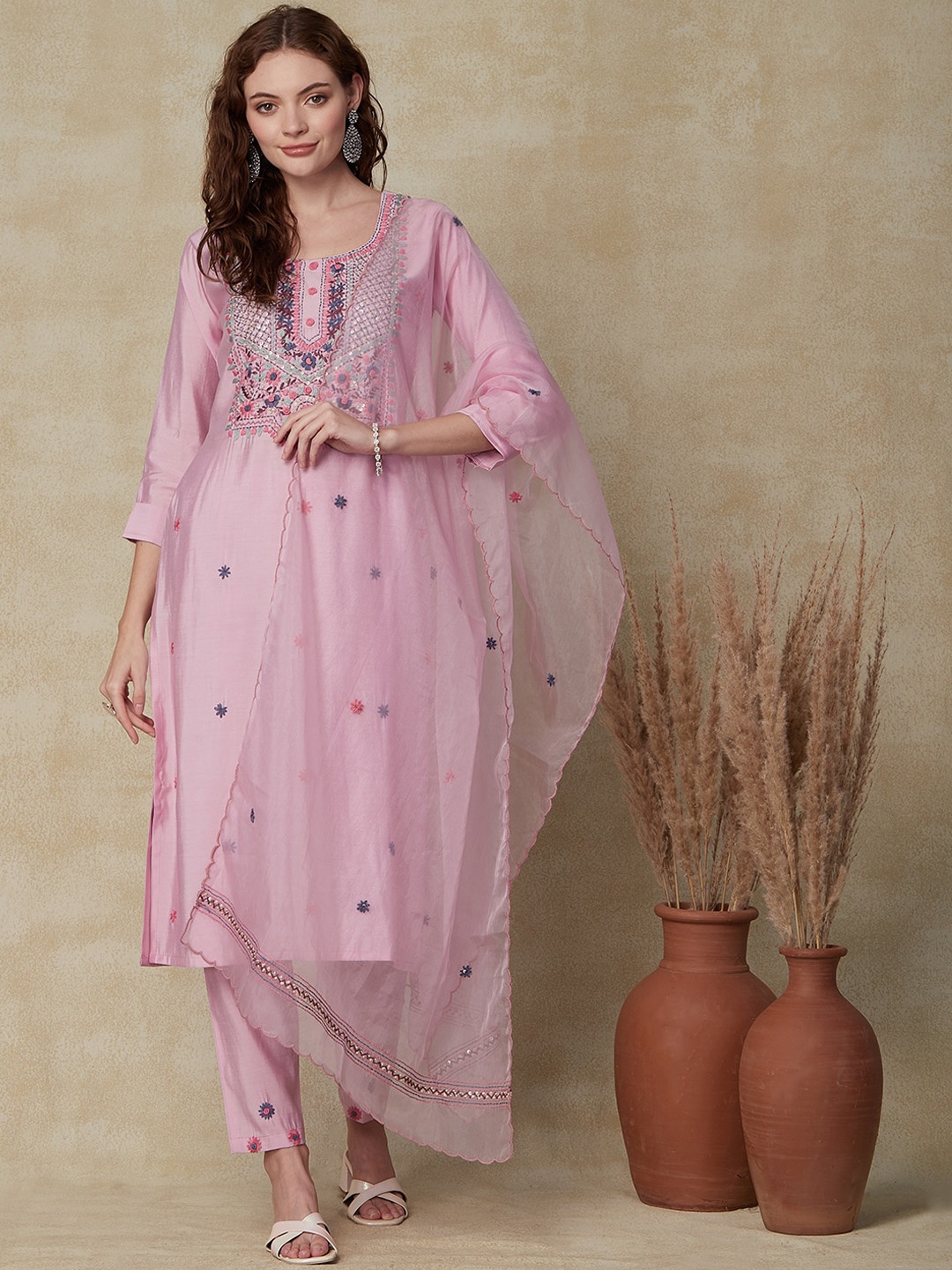 FASHOR Floral Embroidered Round Neck Sequined Straight Kurta with Trousers & Dupatta, Purple