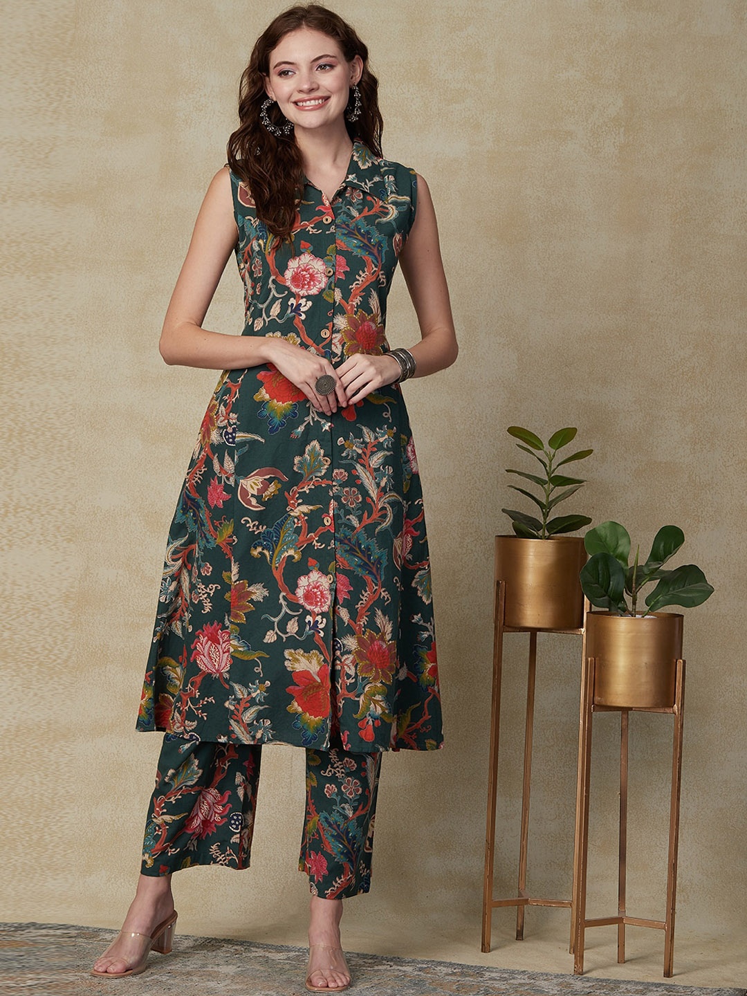 

FASHOR Floral Printed Shirt Collar Pure Cotton A-Line Kurta & Palazzos, Green
