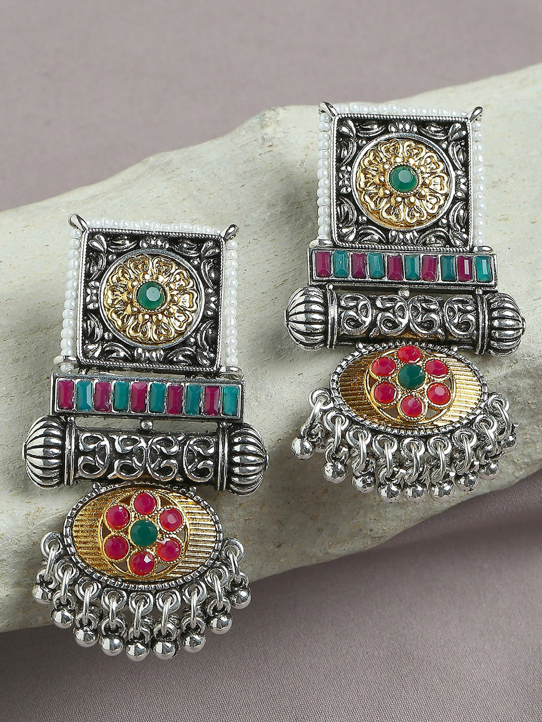 

VATSALYA creation Silver-Plated Artificial Stones and Beads Drop Earrings