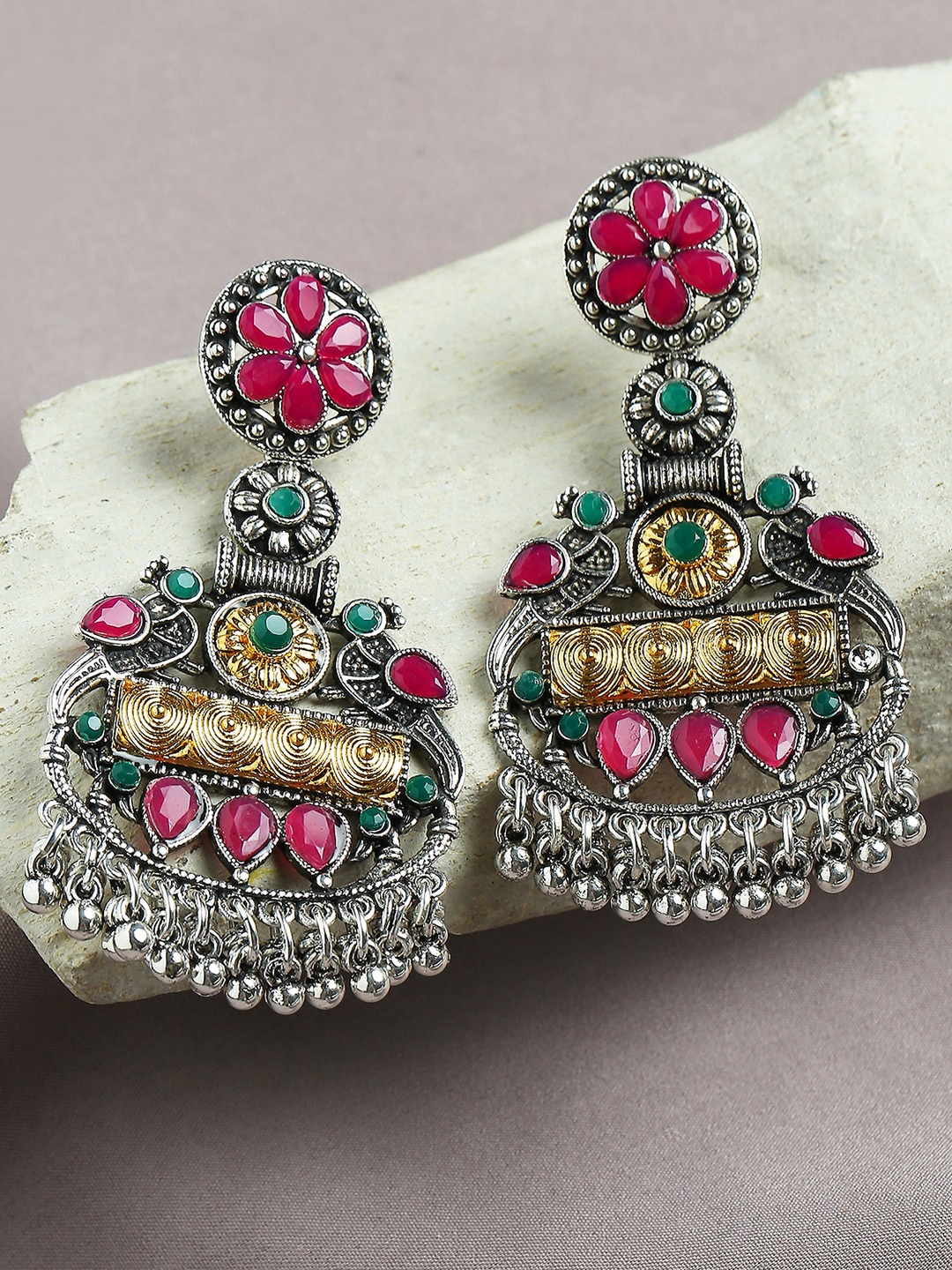 

VATSALYA creation Silver-Plated Artificial Stones and Beads Drop Earrings