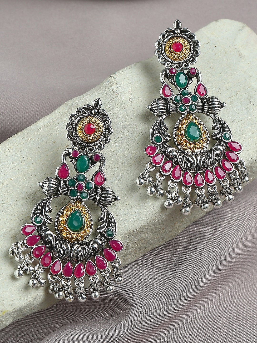 

VATSALYA creation Silver-Plated Artificial Stones and Beads Chandbalis