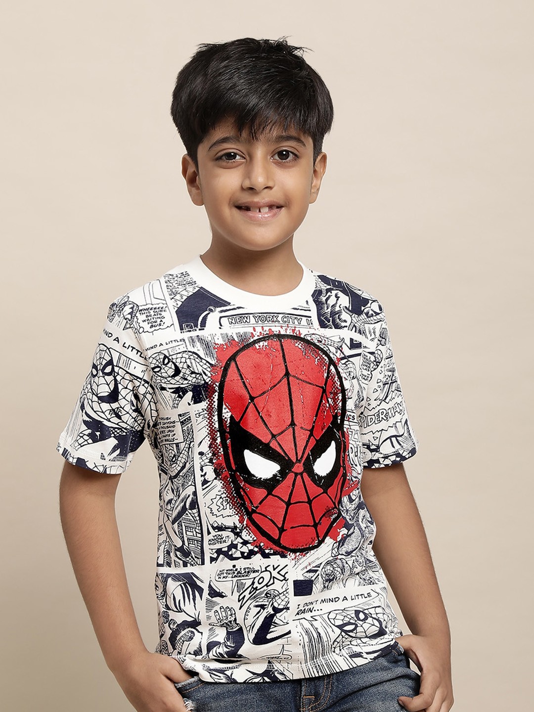 

Kids Ville Boys Superhero Spiderman Graphic Printed Pure Cotton T-Shirt, Off white