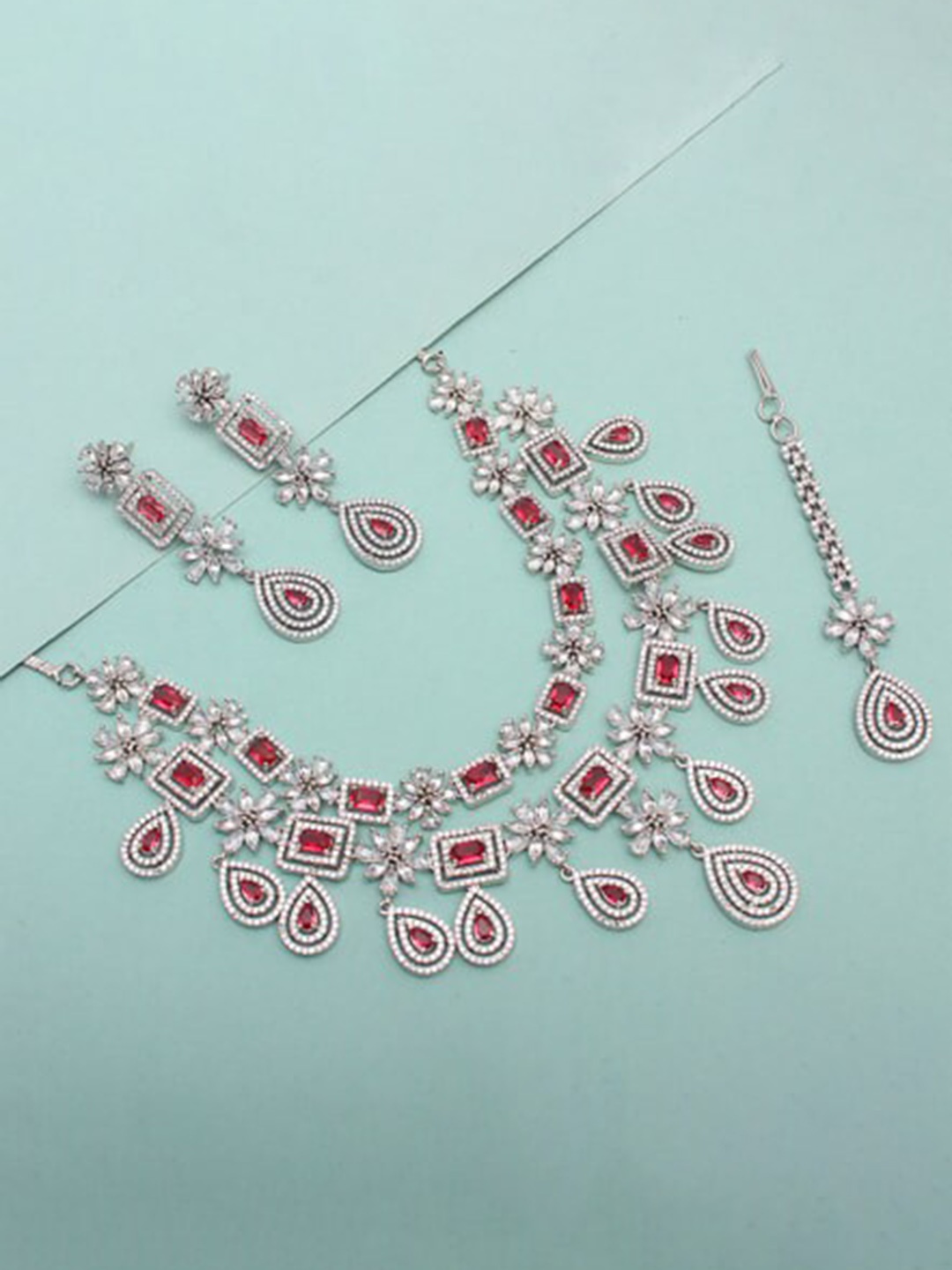 

Mirana Rhodium-Plated CZ Studded Double Layered Necklace With Earrings & Maang Tika, Silver