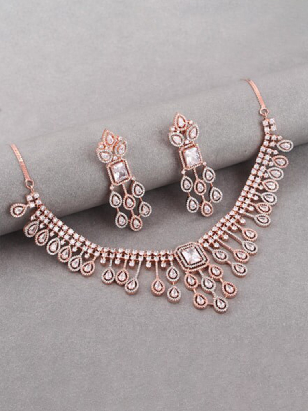 

Mirana Rhodium Plated Cubic Zirconia Studded Jewellery Set, Rose gold
