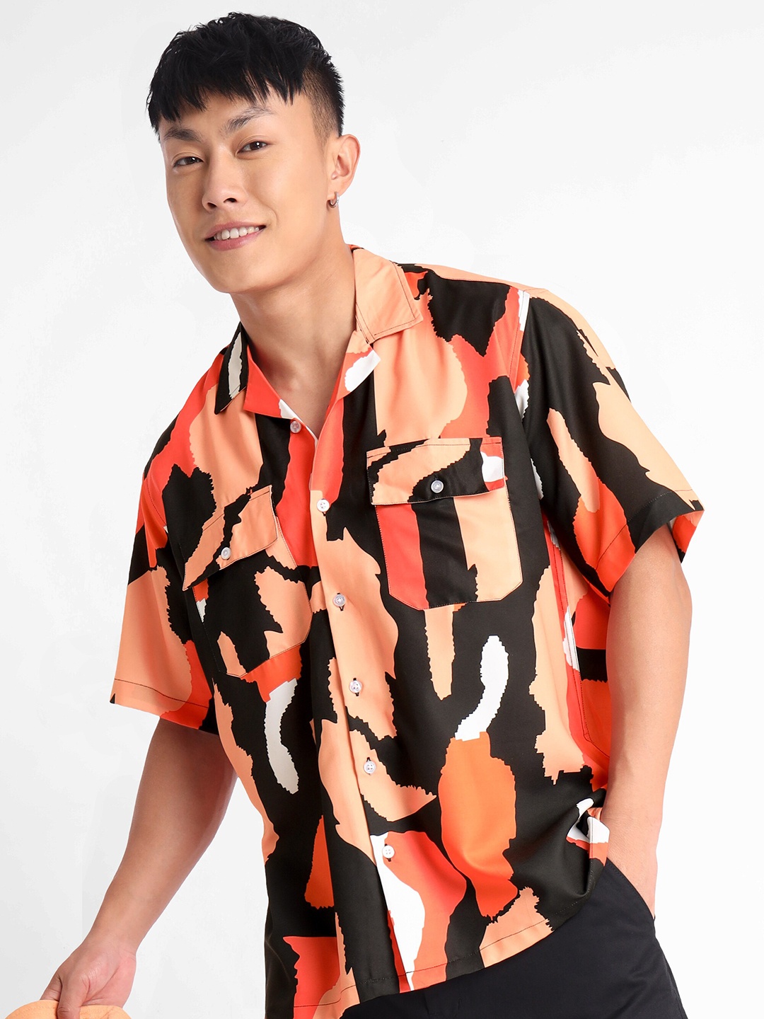 

Beyoung Spread Collar Relaxed Abstract Printed Casual Cotton Shirt, Peach