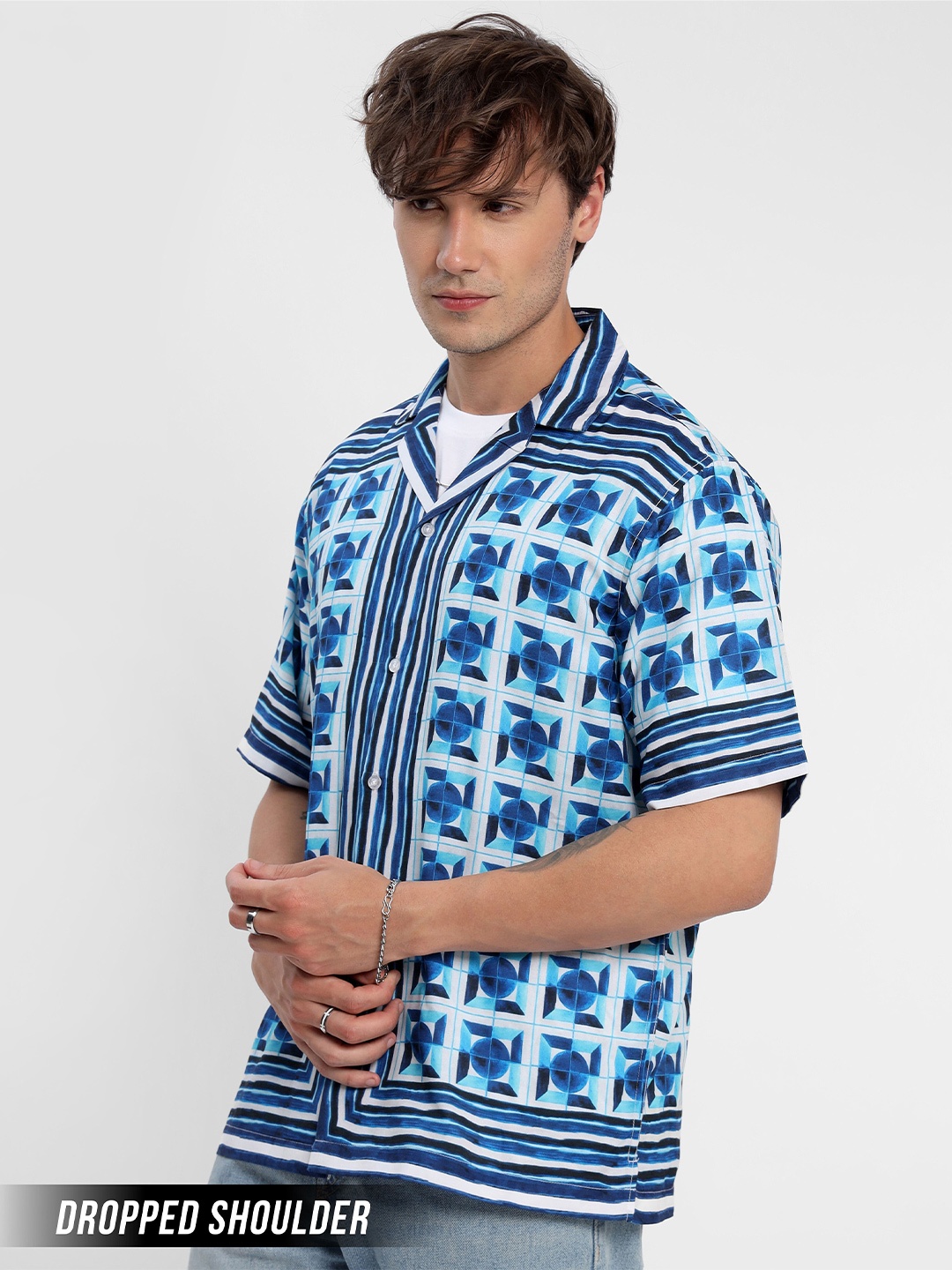 

Beyoung Spread Collar Relaxed Geometric Printed Casual Cotton Shirt, Blue