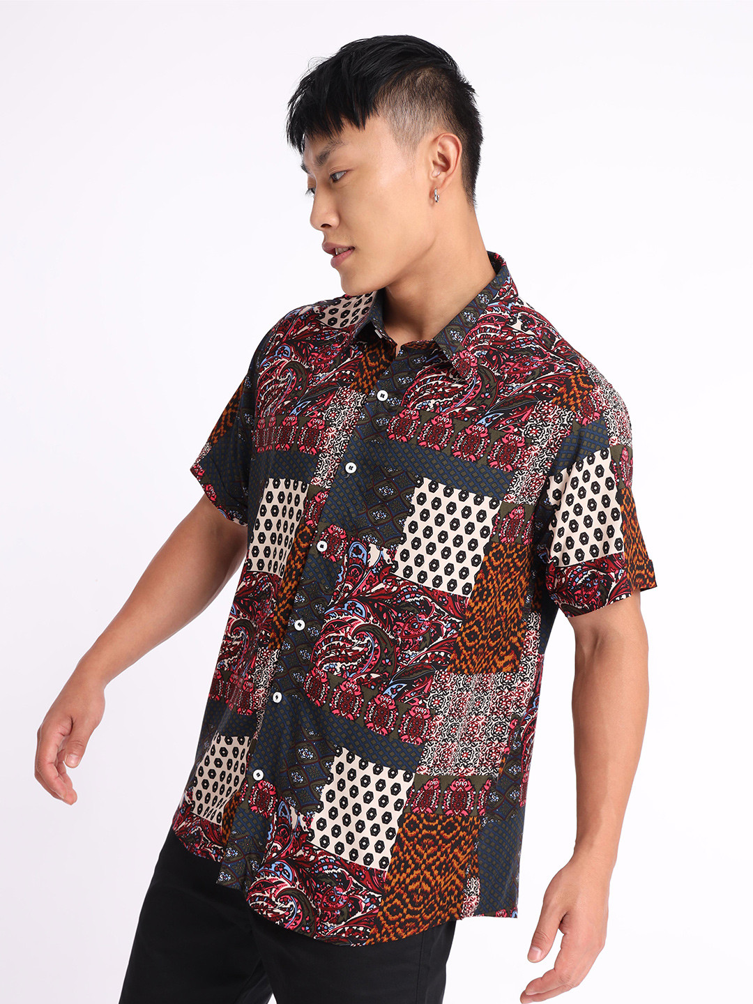 

Beyoung Spread Collar Relaxed Ethnic Motifs Printed Casual Cotton Shirt, White