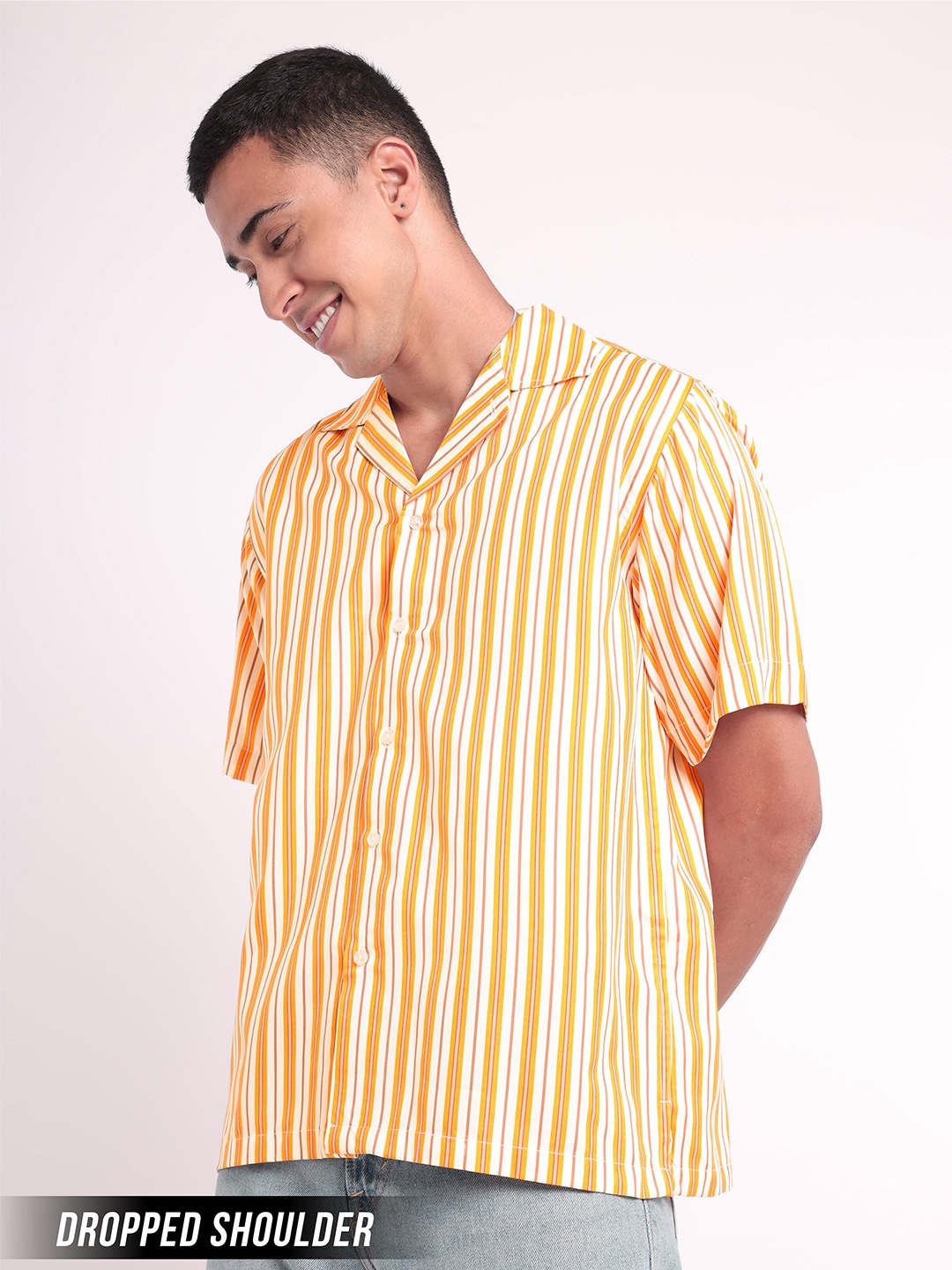 

Beyoung Relaxed Vertical Stripes Cuban Collar Cotton Casual Shirt, Yellow