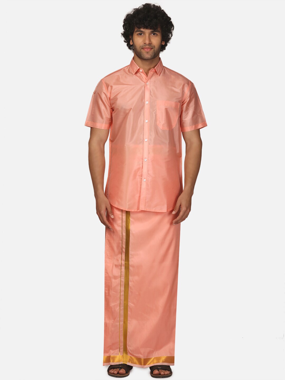 

Sethukrishna Spread Collar Shirt With Veshti, Peach
