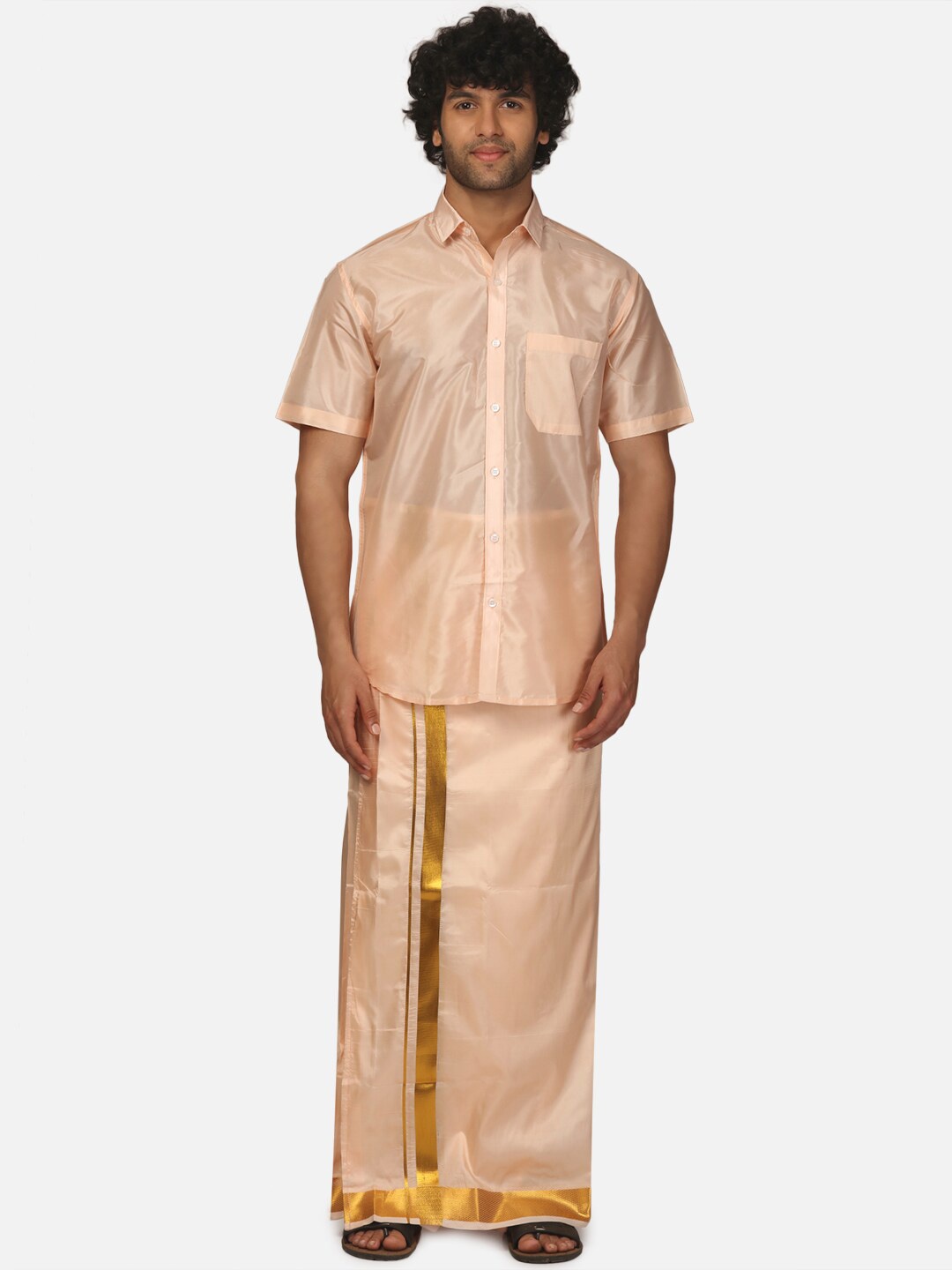 

Sethukrishna Spread Collar Shirt With Veshti, Orange