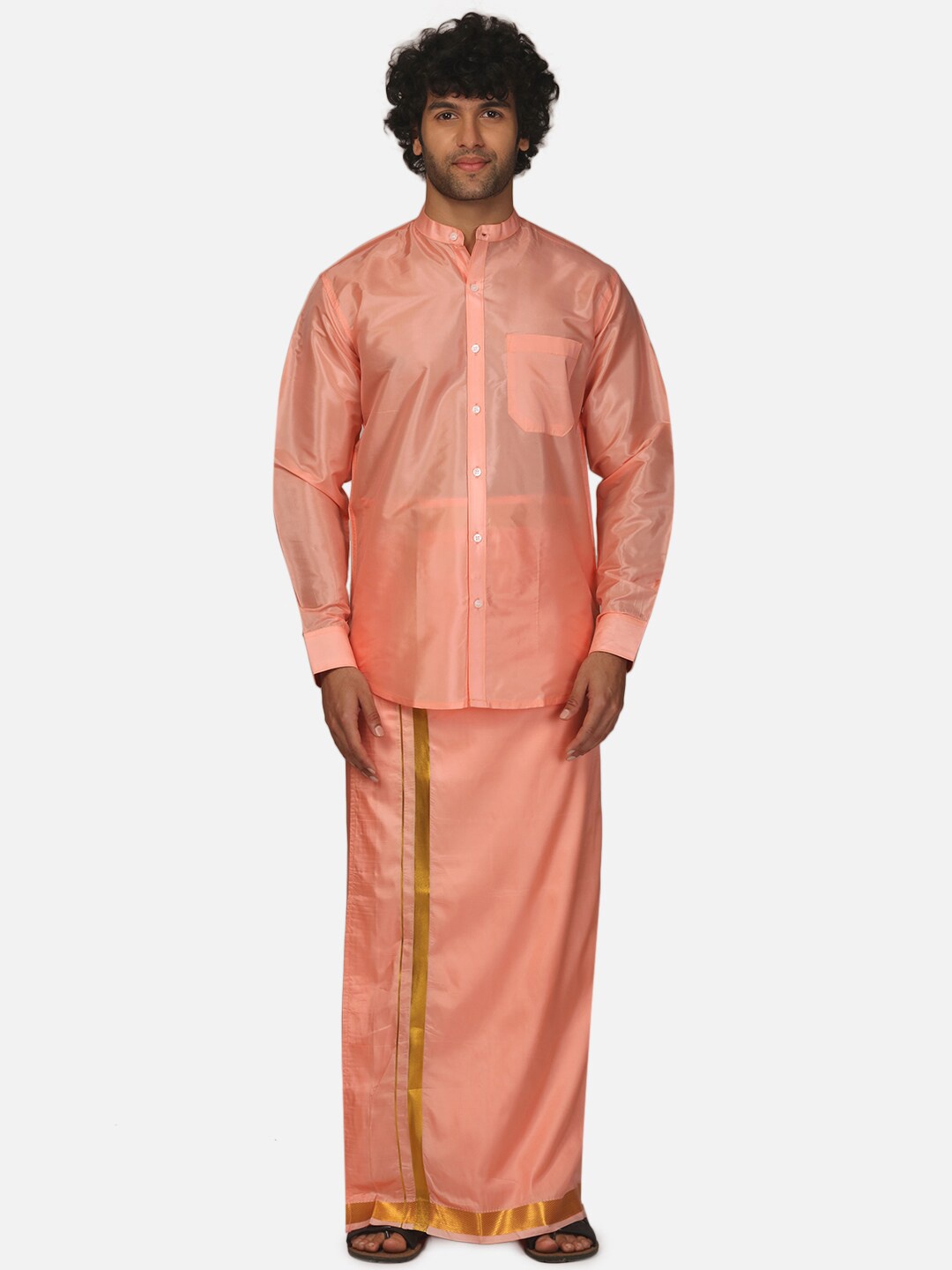 

Sethukrishna Mandarin Collar Long Sleeve Shirt With Veshti, Peach