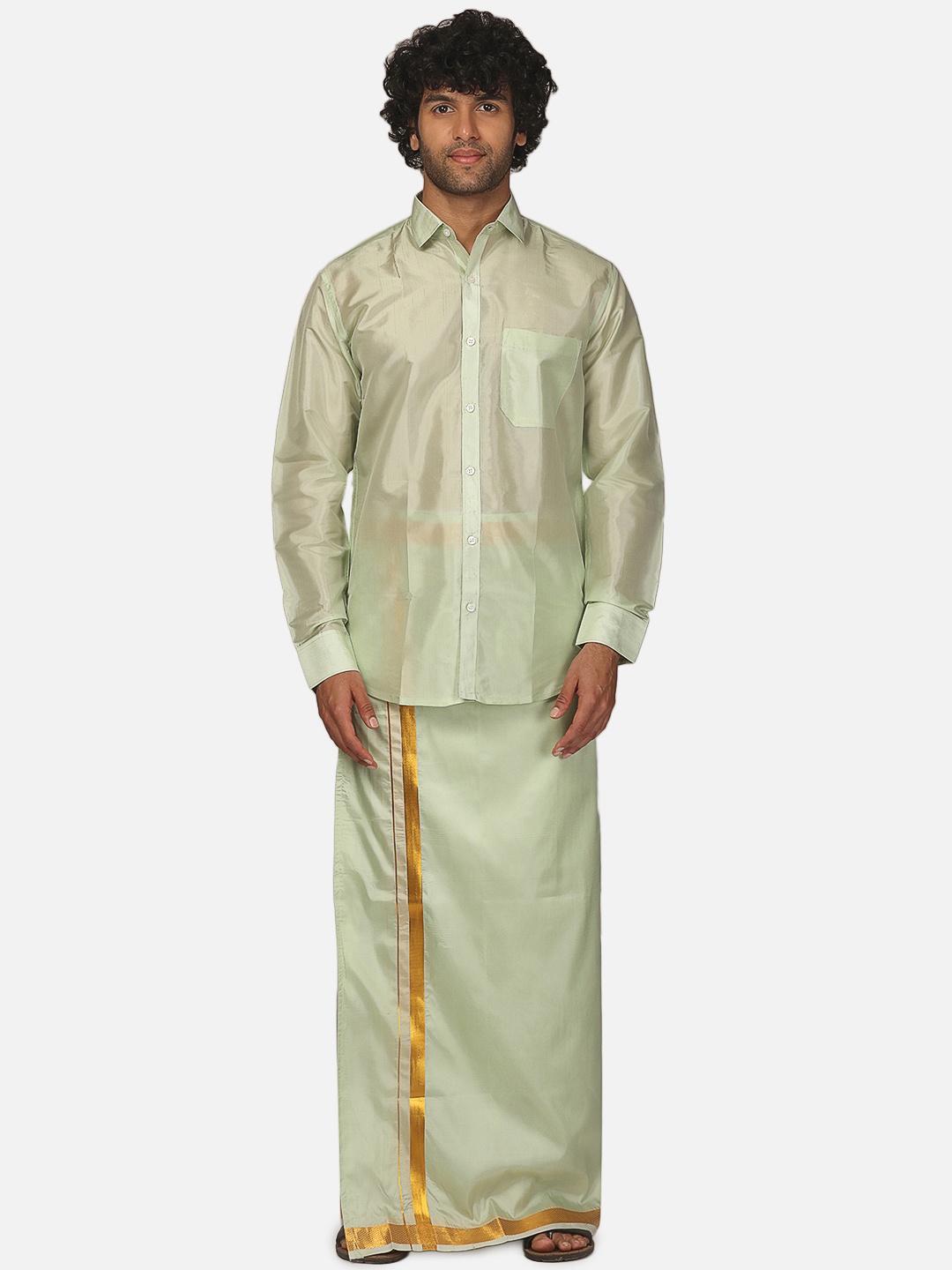 

Sethukrishna Shirt Collar Long Sleeve Shirt With Veshti, Green