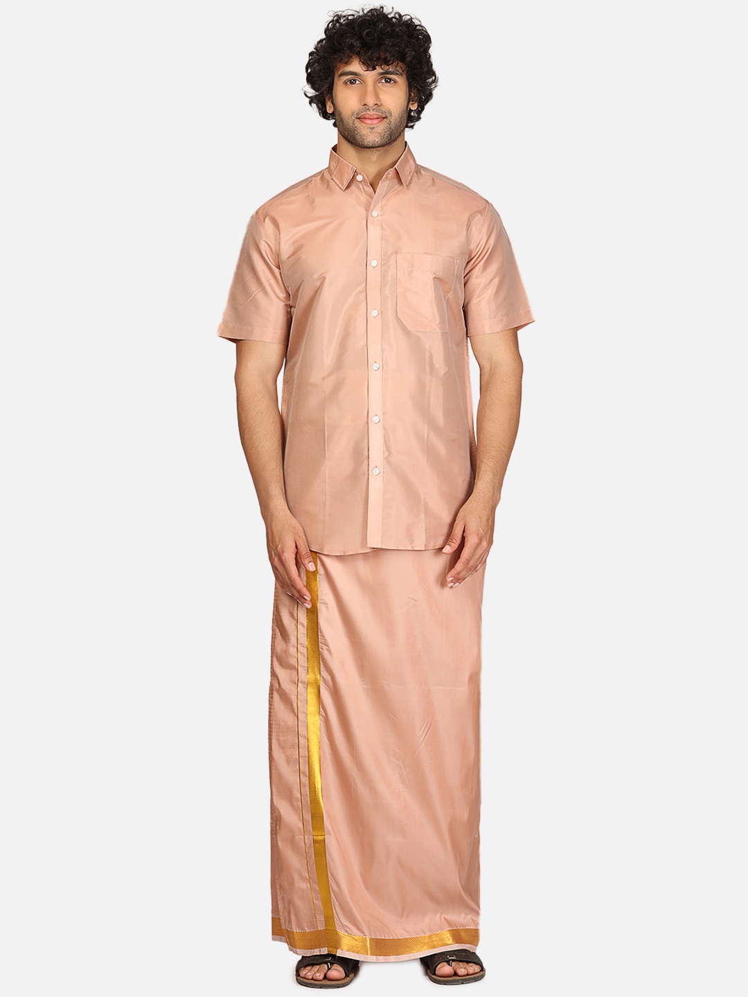 Sethukrishna Shirt Collar Short Sleeve Shirt With Veshti, Bronze