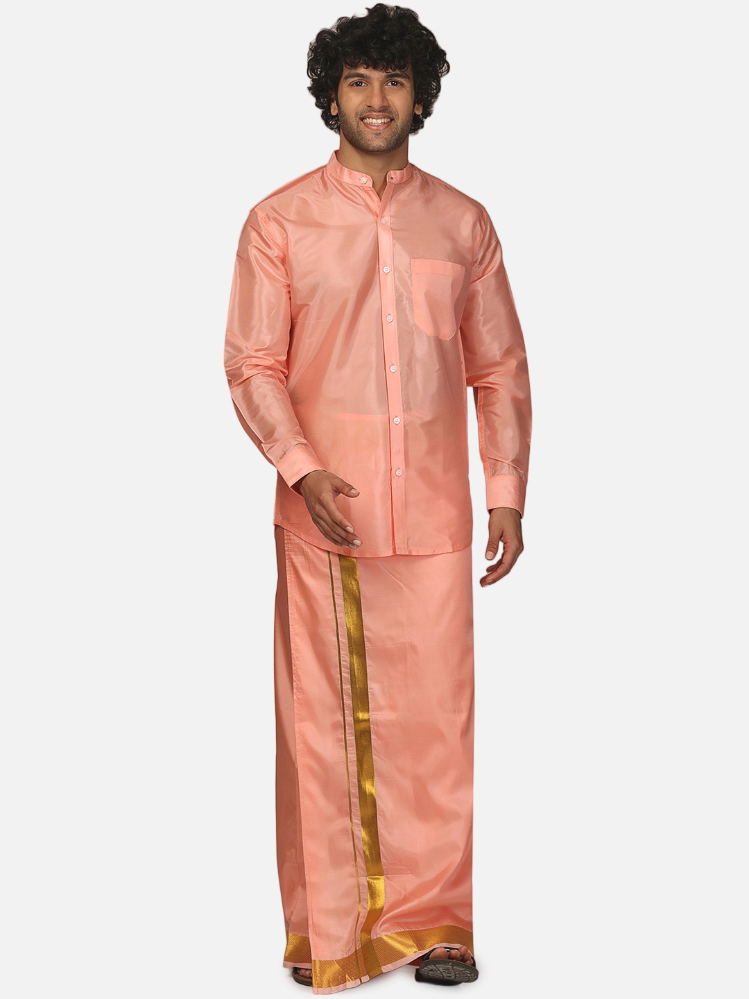 

Sethukrishna Mandarin Collar Long Sleeve Shirt With Veshti, Peach