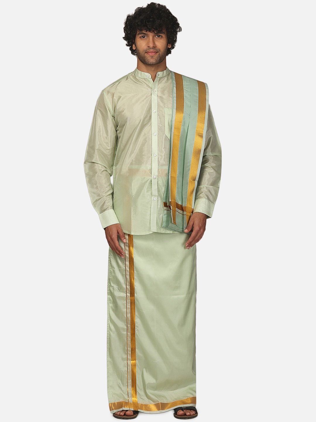 

Sethukrishna Mandarin Collar Long Sleeve Shirt With Veshti & Angavastram, Green