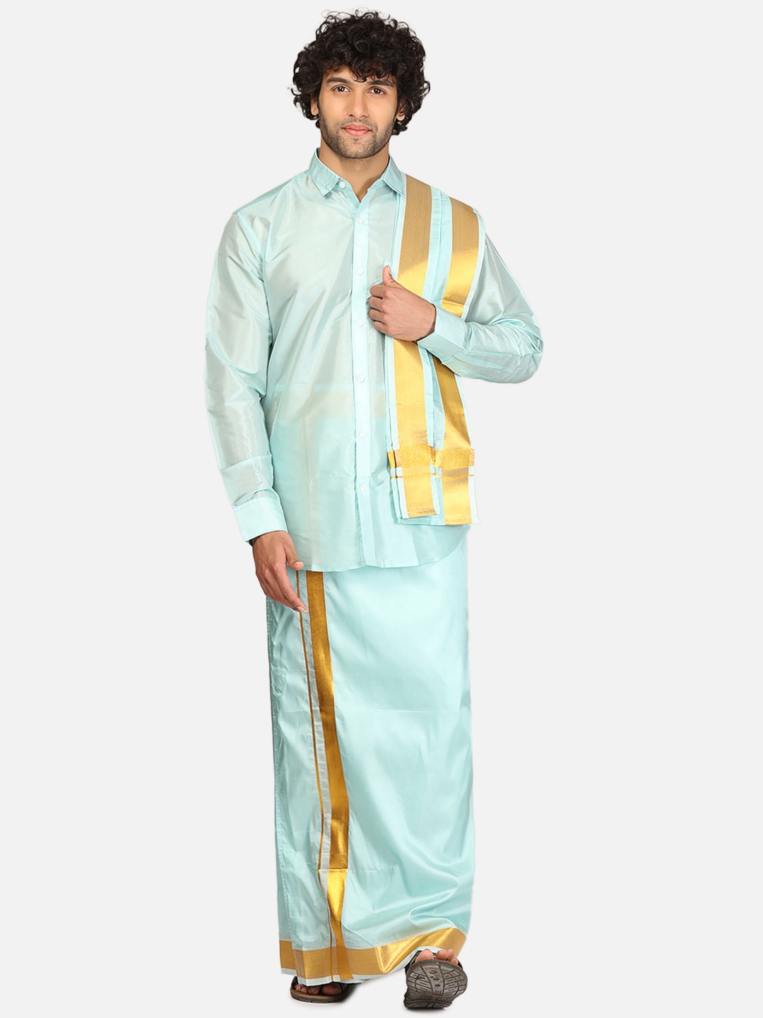 

Sethukrishna Shirt Collar Long Sleeve Shirt With Veshti & Angavastram, Blue