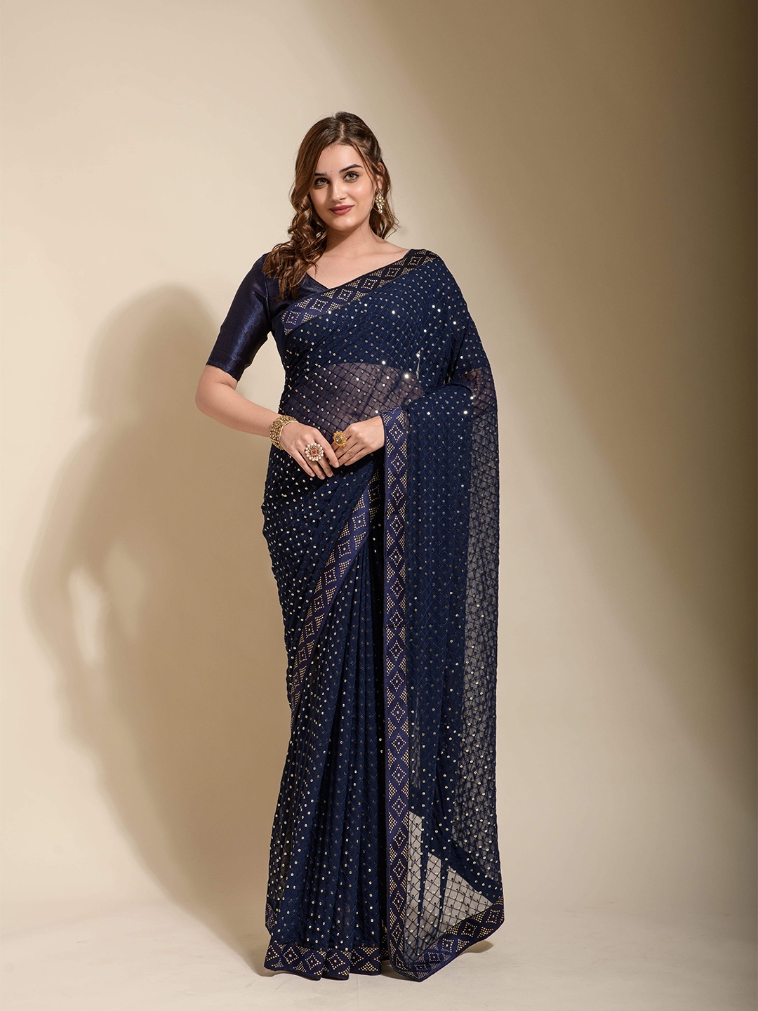 

Munir Embellished Sequinned Detail Pure Georgette Saree, Blue
