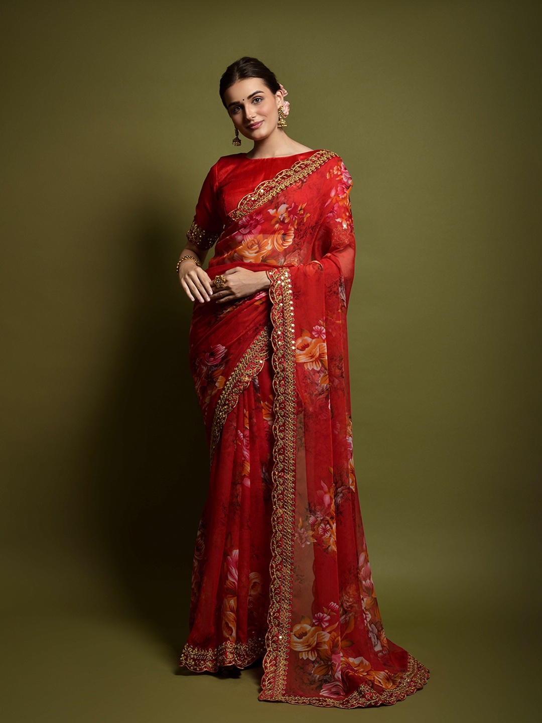 

Munir Floral Printed Sequinned Detail Saree, Red
