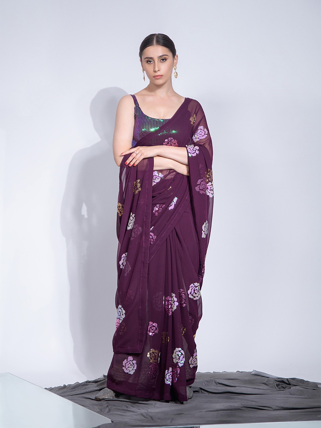 

Munir Magenta Embellished Sequinned Pure Georgette Saree
