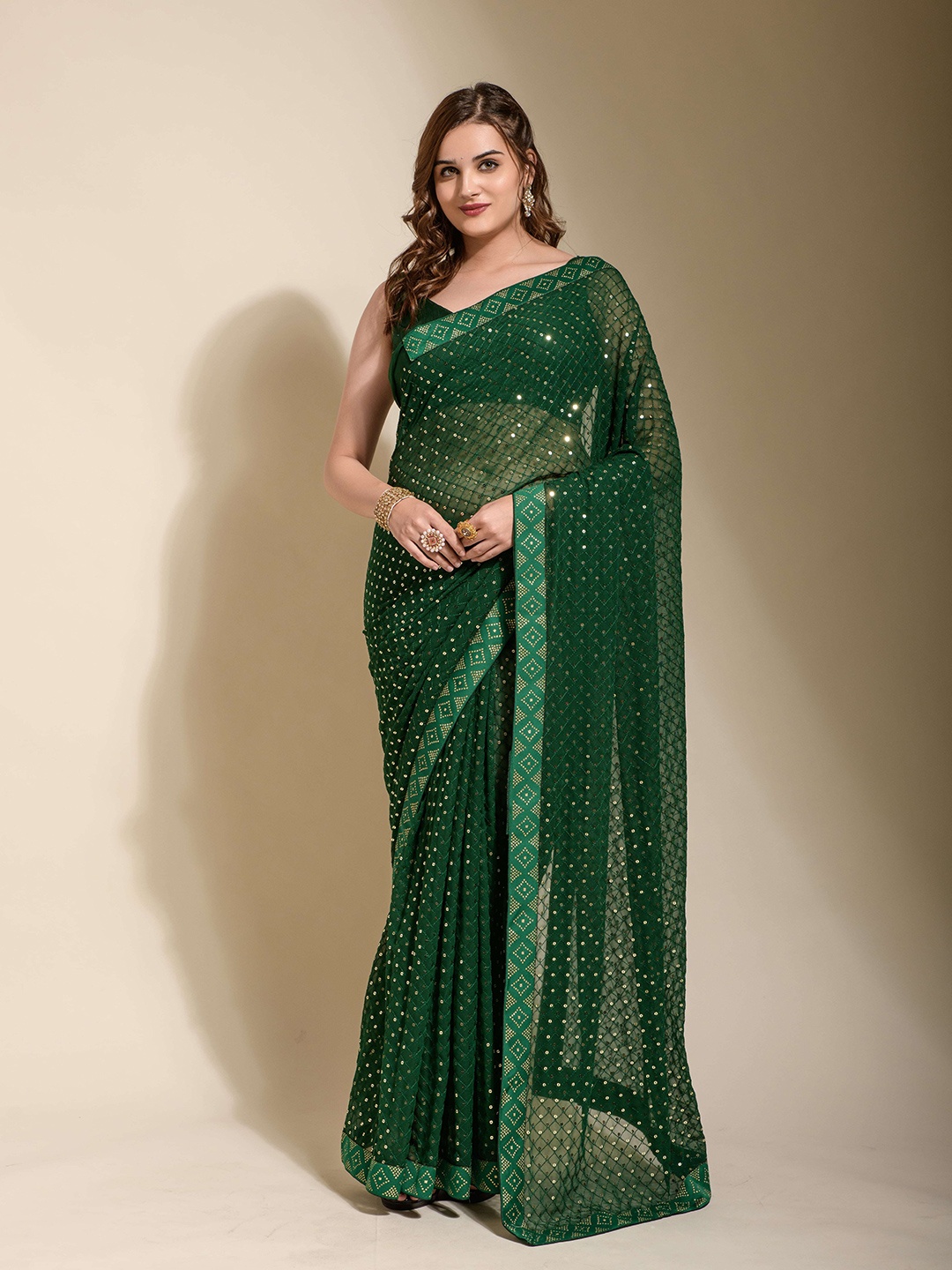 

Munir Embellished Sequinned Pure Georgette Saree, Green