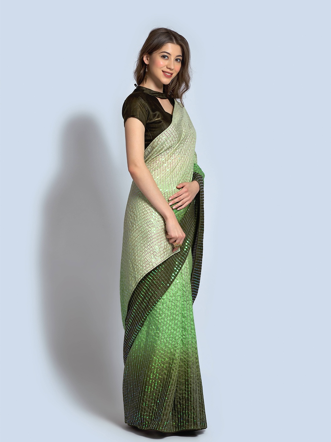 

Munir Embellished Sequinned Saree, Green