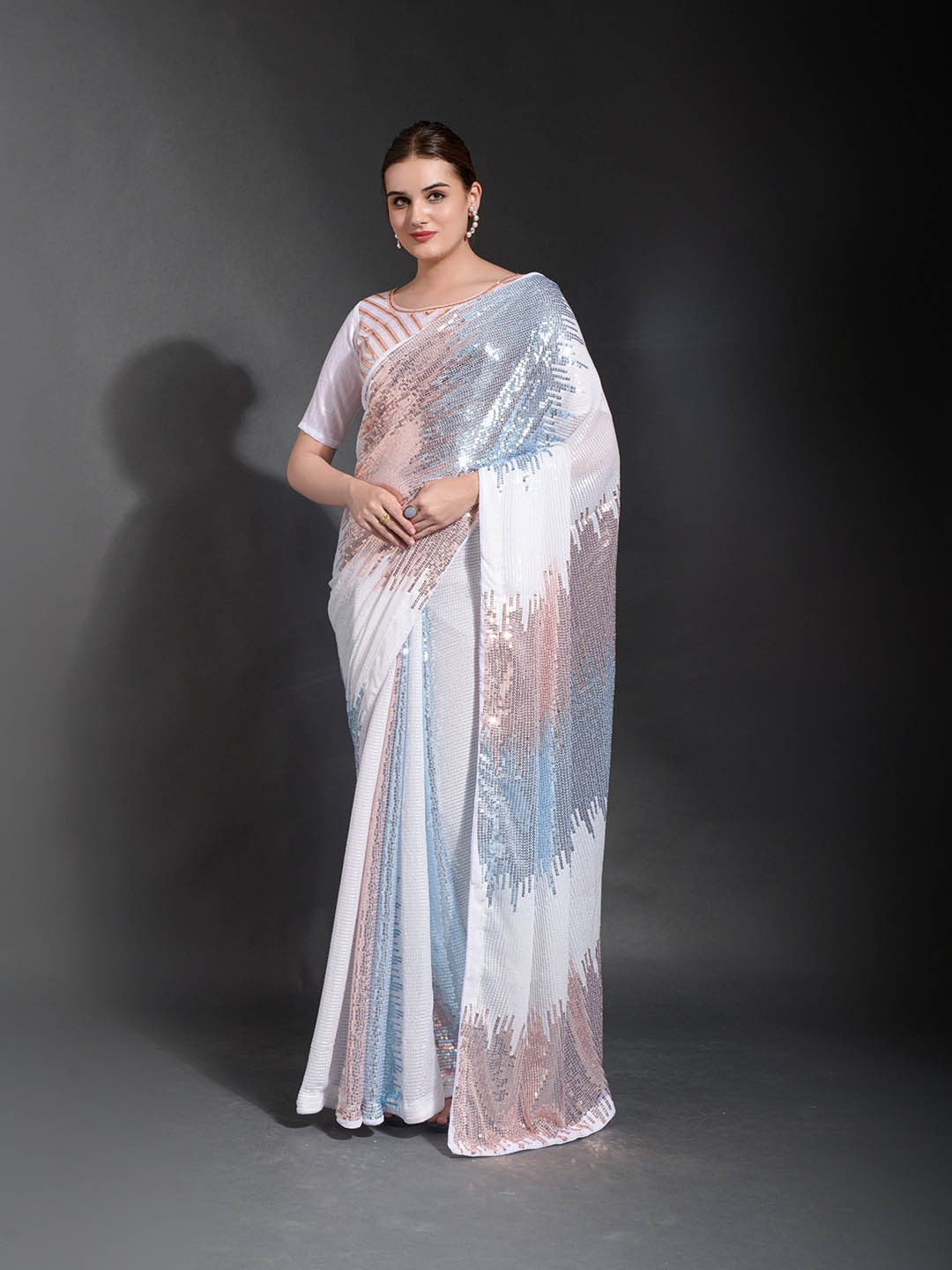 

Munir Embellished Sequinned Detail Pure Georgette Saree, Blue