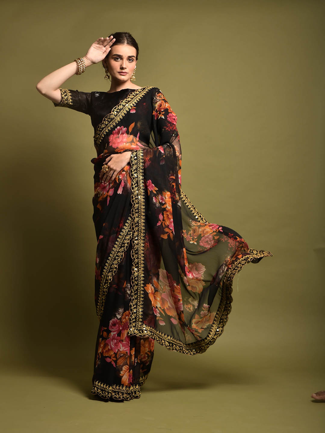 

Munir Floral Printed Embroidered Detail Saree, Black