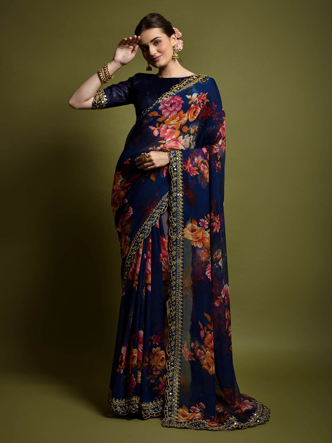 

Munir Floral Printed Sequinned Saree, Blue