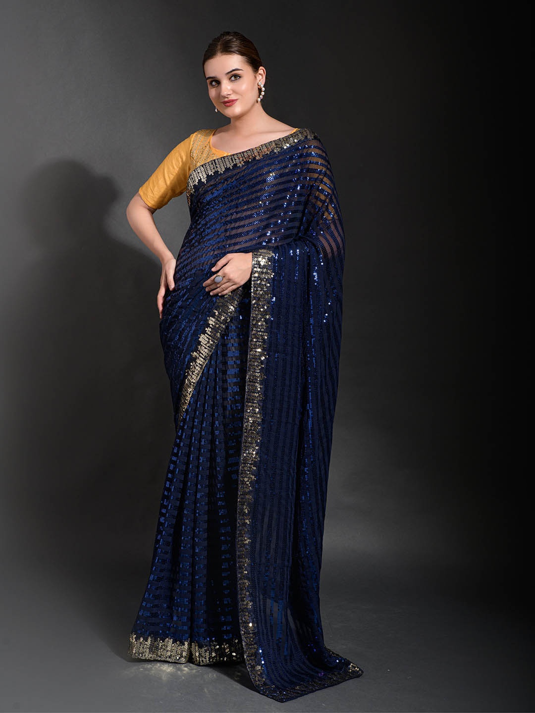 

Munir Embellished Sequinned Detail Pure Georgette Saree, Blue