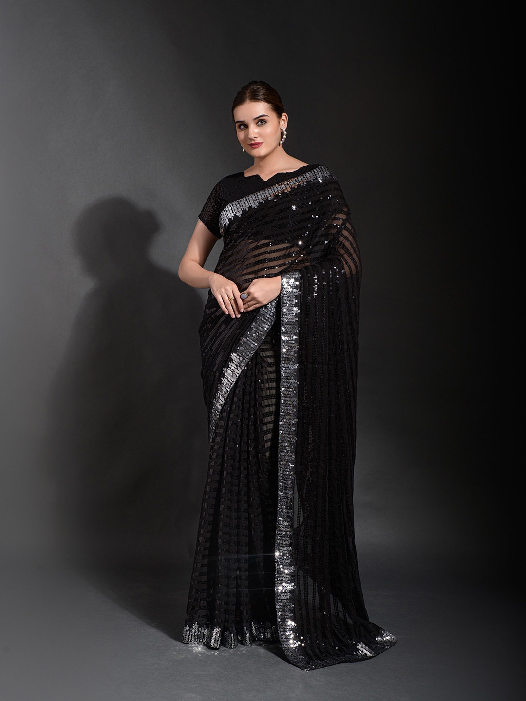 

Munir Embellished Sequinned Detail Pure Georgette Saree, Black