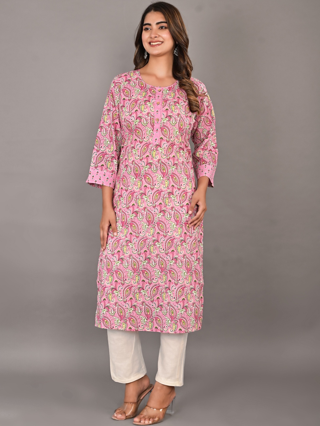 

Girly Girls Ethnic Motifs Printed Pure Cotton Kurta, Pink