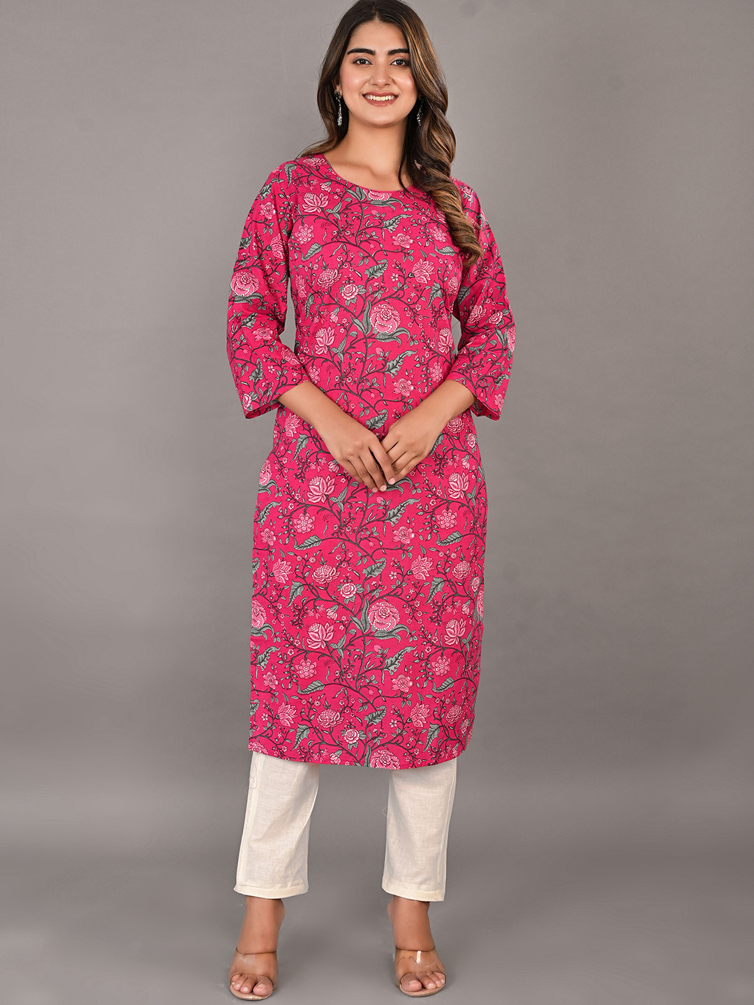 

Girly Girls Ethnic Motifs Printed Pure Cotton Kurta, Pink