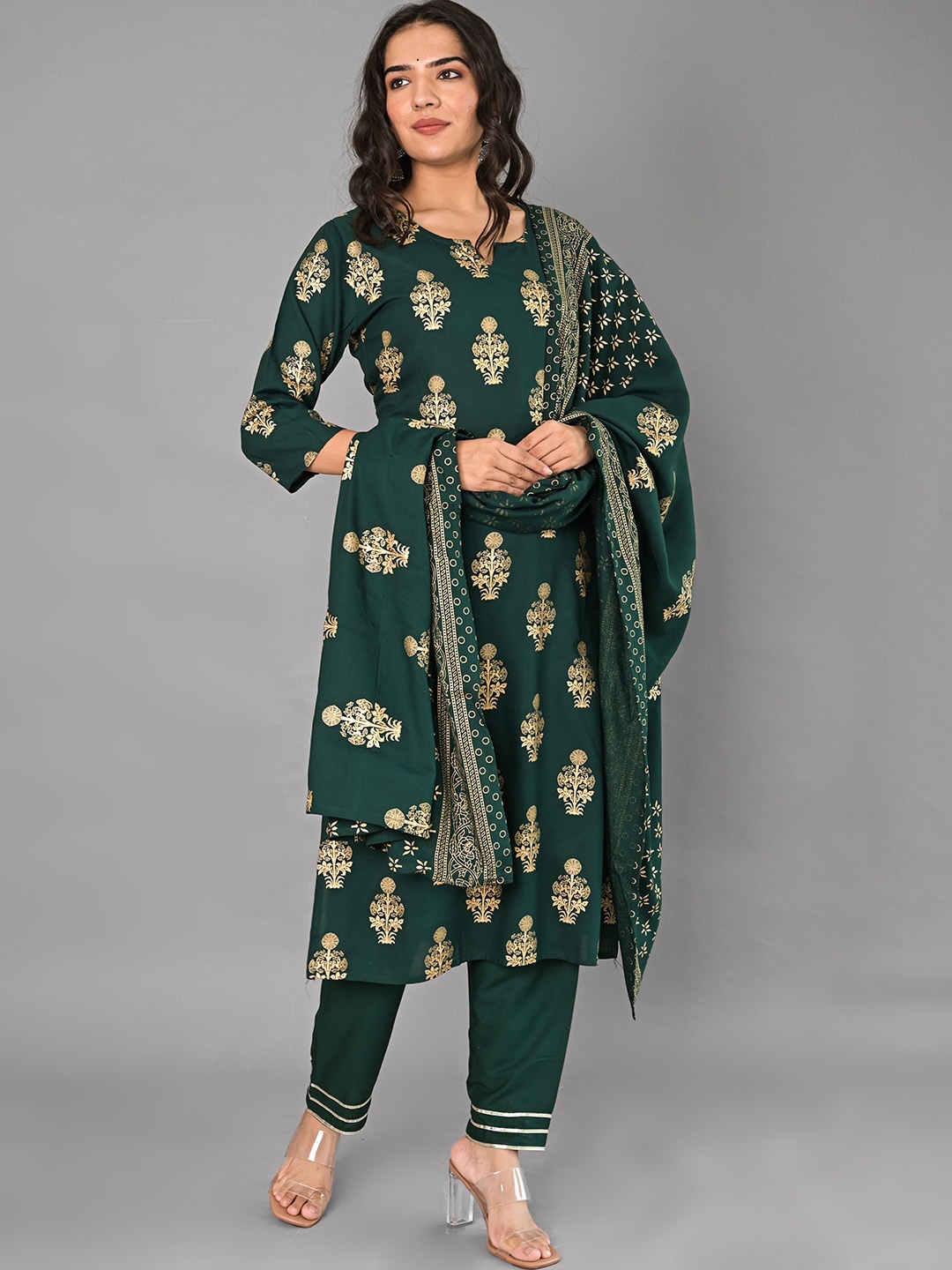 

Girly Girls Ethnic Motifs Printed Kurta With Trousers & Dupatta, Green