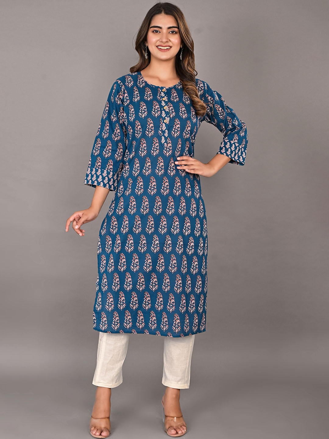 

Girly Girls Ethnic Motifs Printed Flared Sleeves Kurta, Blue