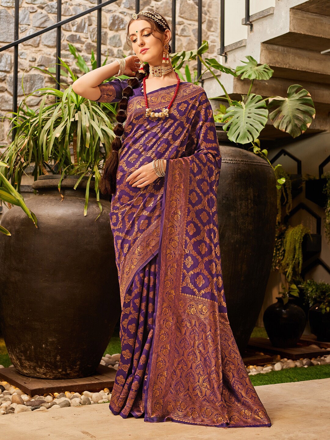 

KALINI Ethnic Motifs Woven Design Zari Detail Banarasi Saree, Purple