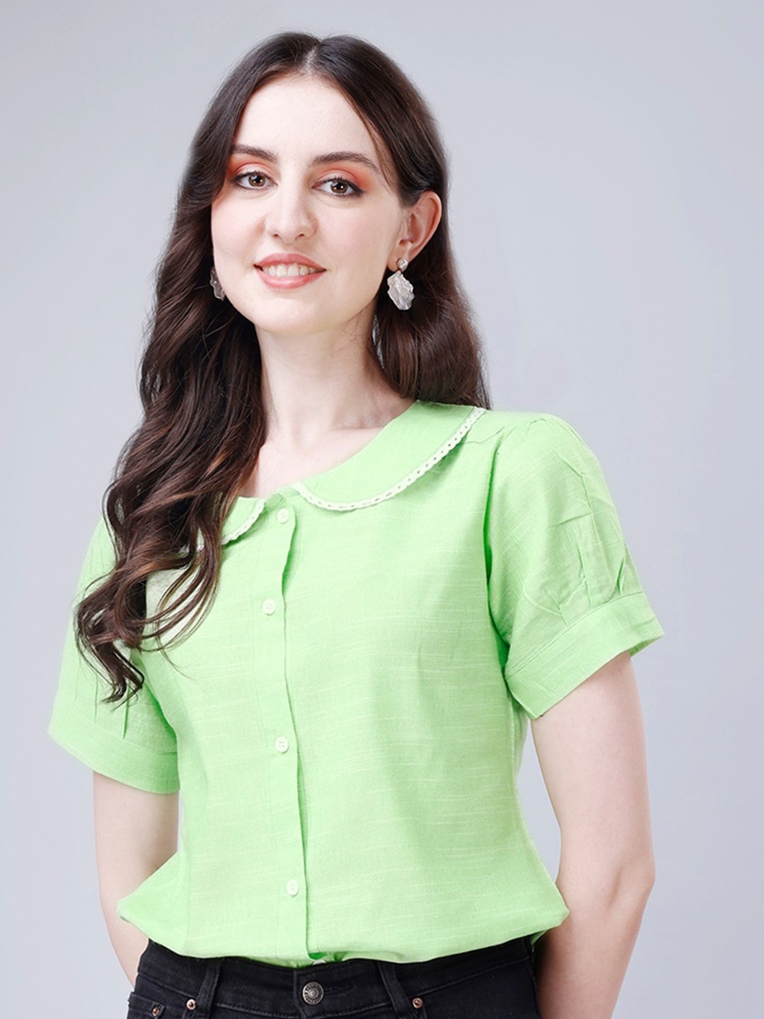 

Kinjo Peter Pan Collar Puff Sleeves Cotton Shirt Style Top, Green