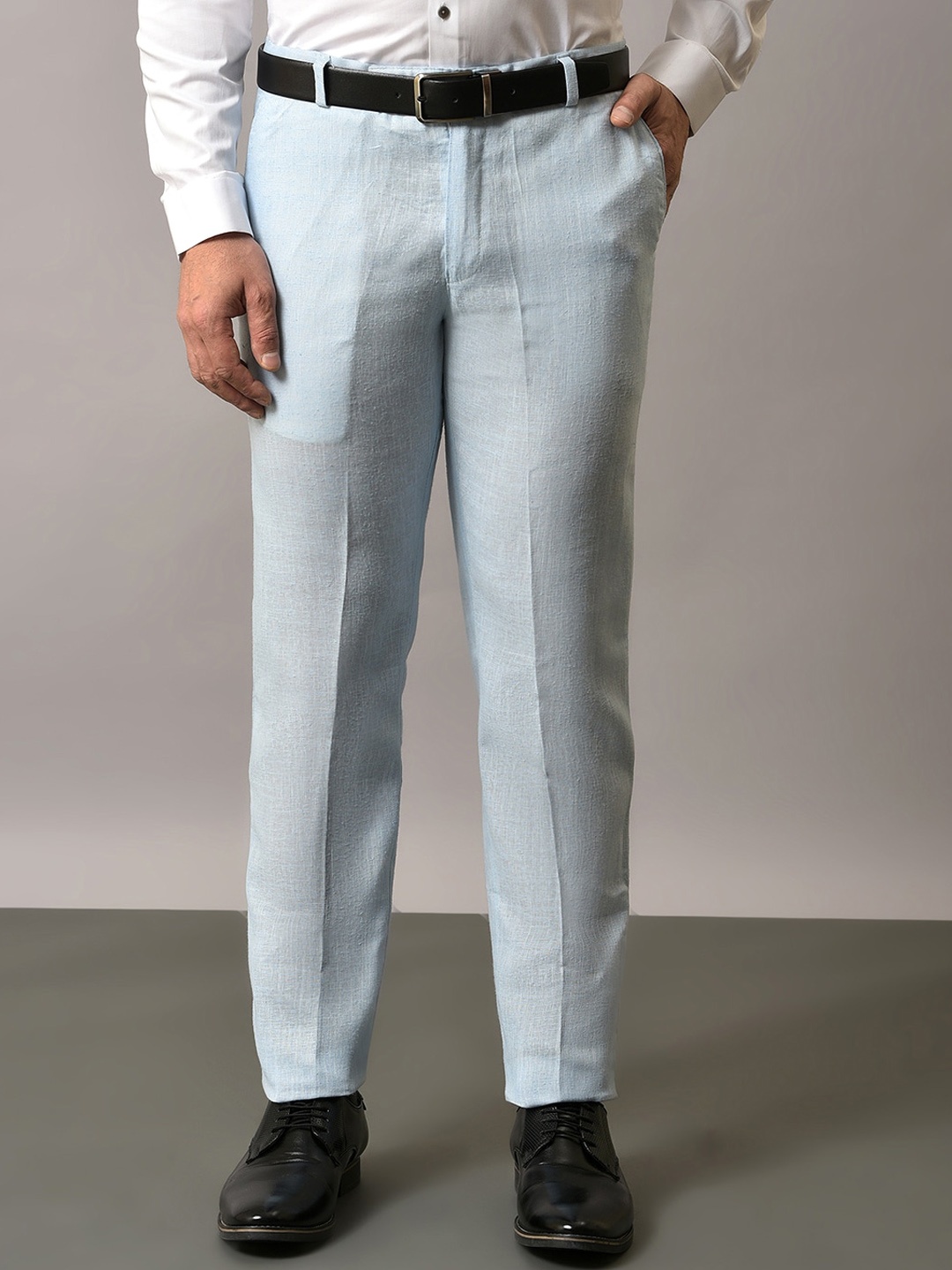 

Vgyaan Men Mid Rise Original Plain Linen Formal Trousers, Blue
