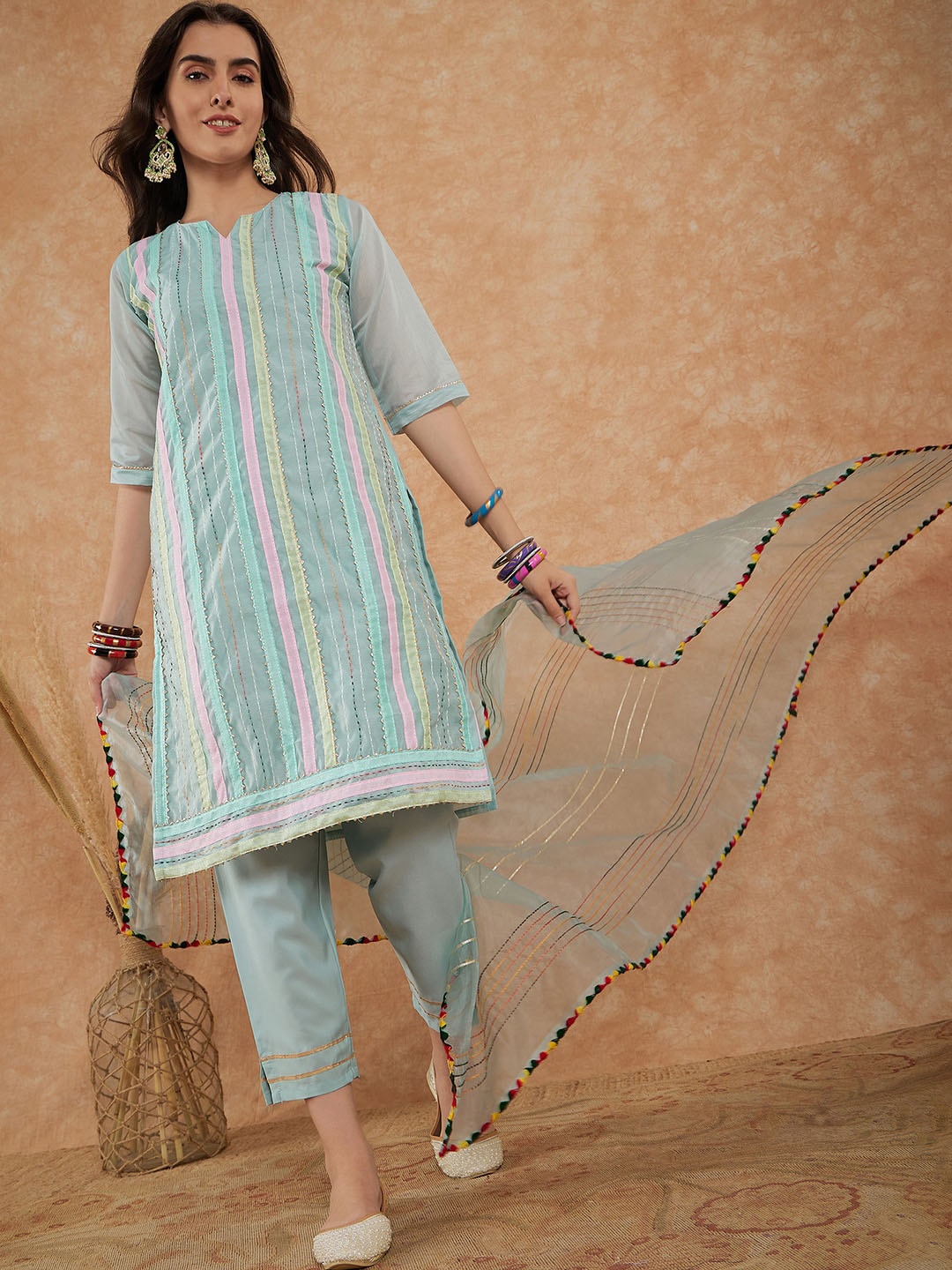 

Sangria Striped Round Neck Straight Kurta & Trouser With Dupatta, Sea green