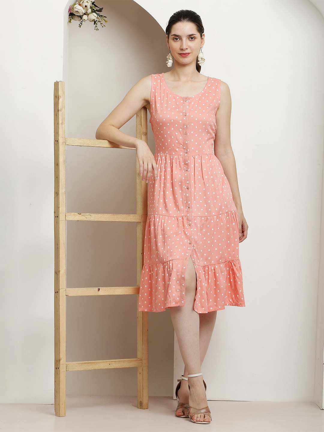 

SQew Red Polka Dot Printed Round Neck Sleeveless Gathered A-Line Dress, Pink
