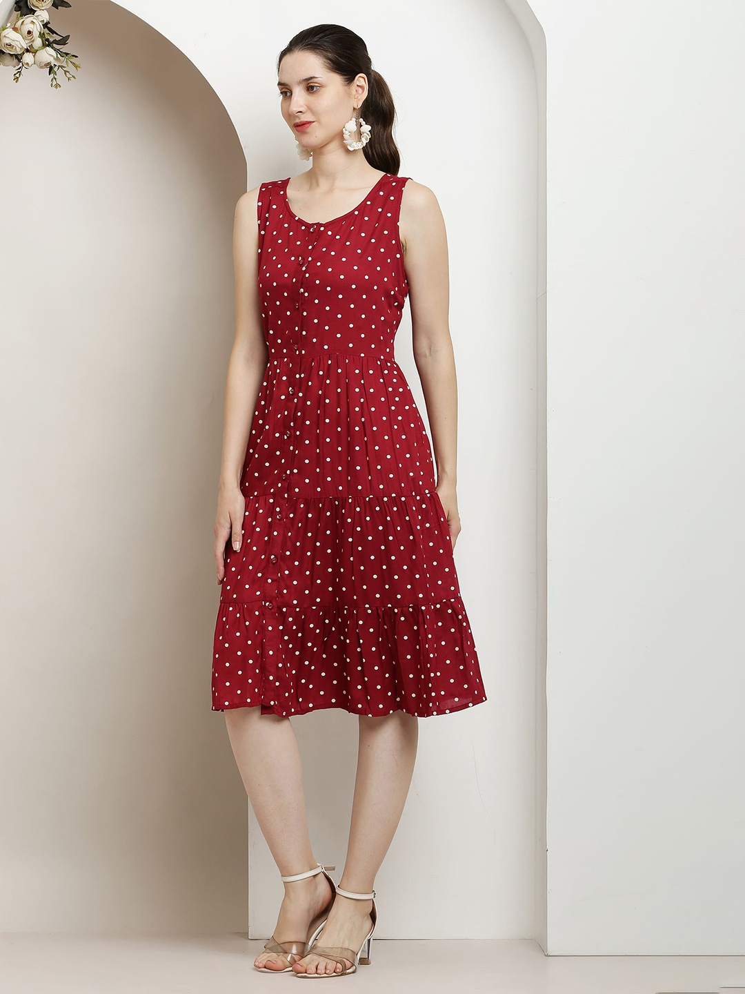 

SQew Red Polka Dot Printed Round Neck Sleeveless Gathered A-Line Dress