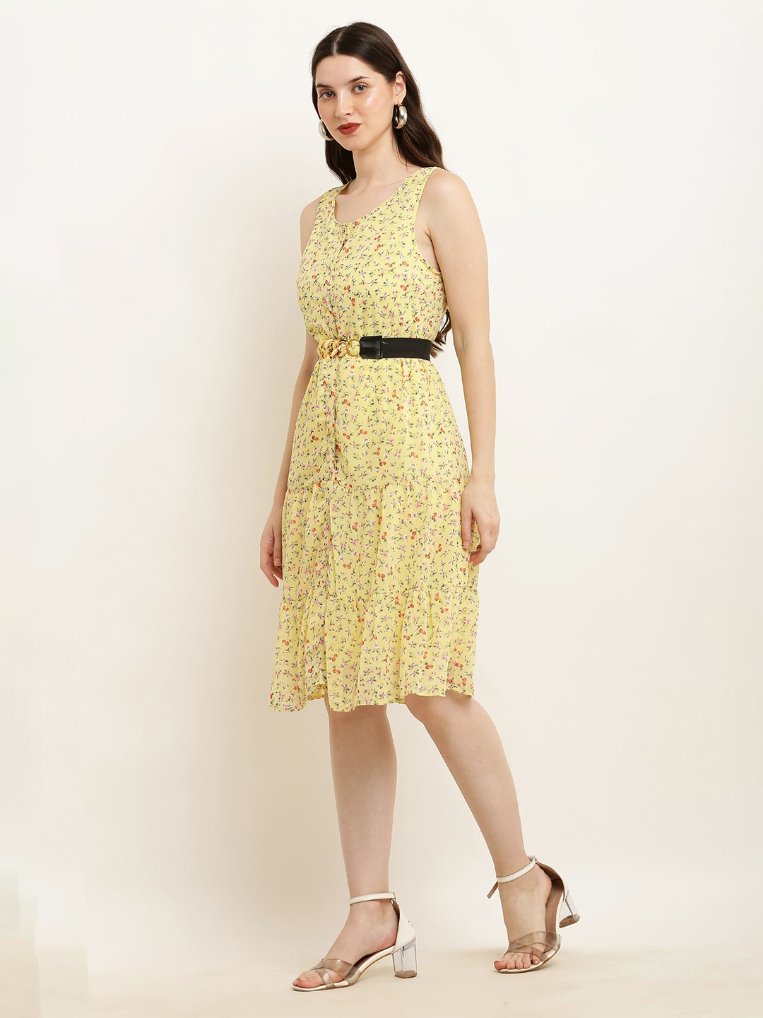 

SQew Floral Printed Georgette Fit & Flare Dress, Yellow