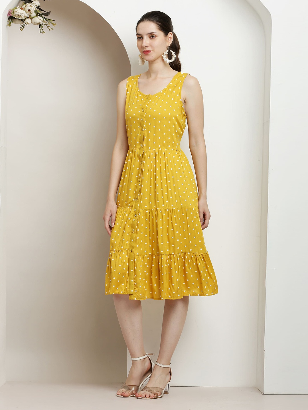 

SQew Red Polka Dot Printed Round Neck Sleeveless Gathered A-Line Dress, Yellow