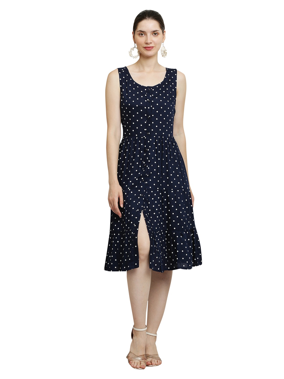 

SQew Polka Dots Printed A-Line Dress, Navy blue