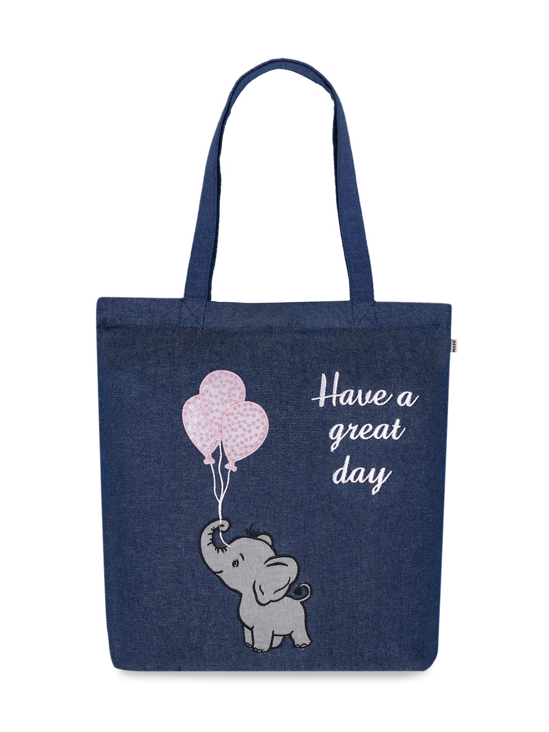 

MASQ Geometric Printed Structured Tote Bag with Applique, Navy blue