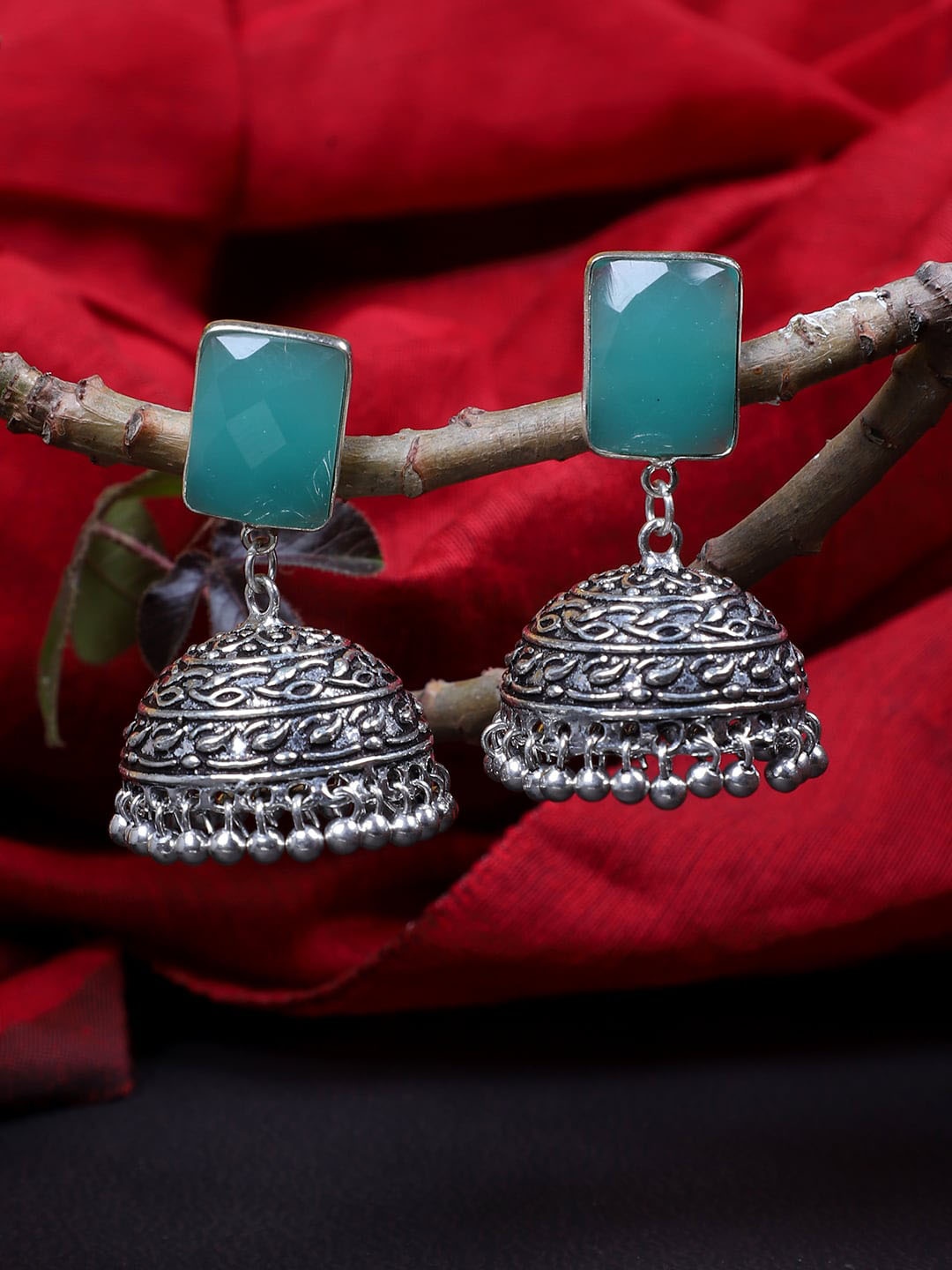

FIROZA Silver-Plated Oxidised Dome Shaped Jhumkas