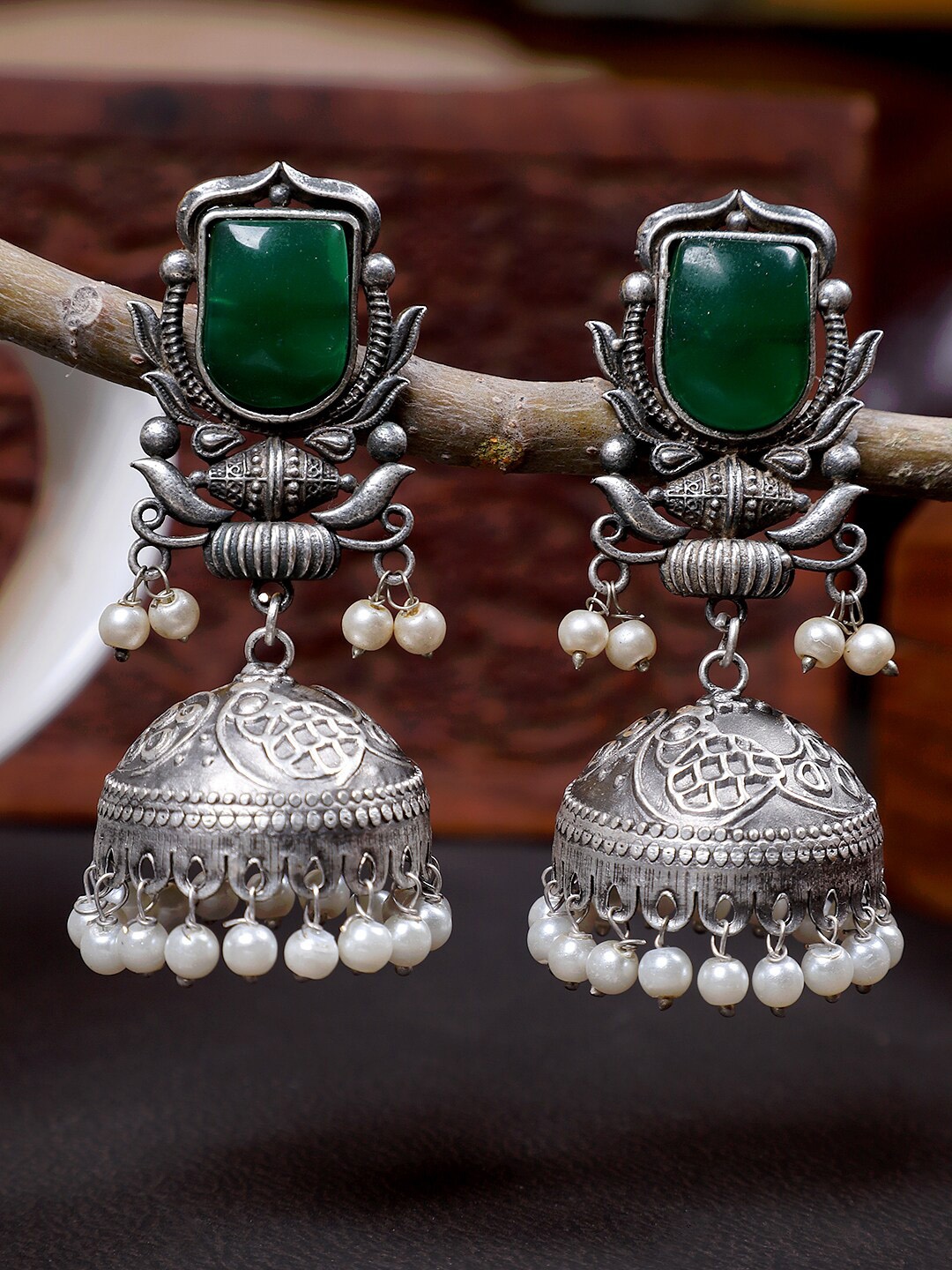 

FIROZA Silver-Plated Oxidised Dome Shaped Jhumkas