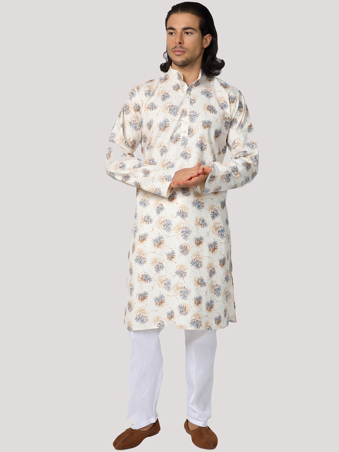 

MAG Floral Printed Mandarin Collar Kurta with Pyjamas, Cream