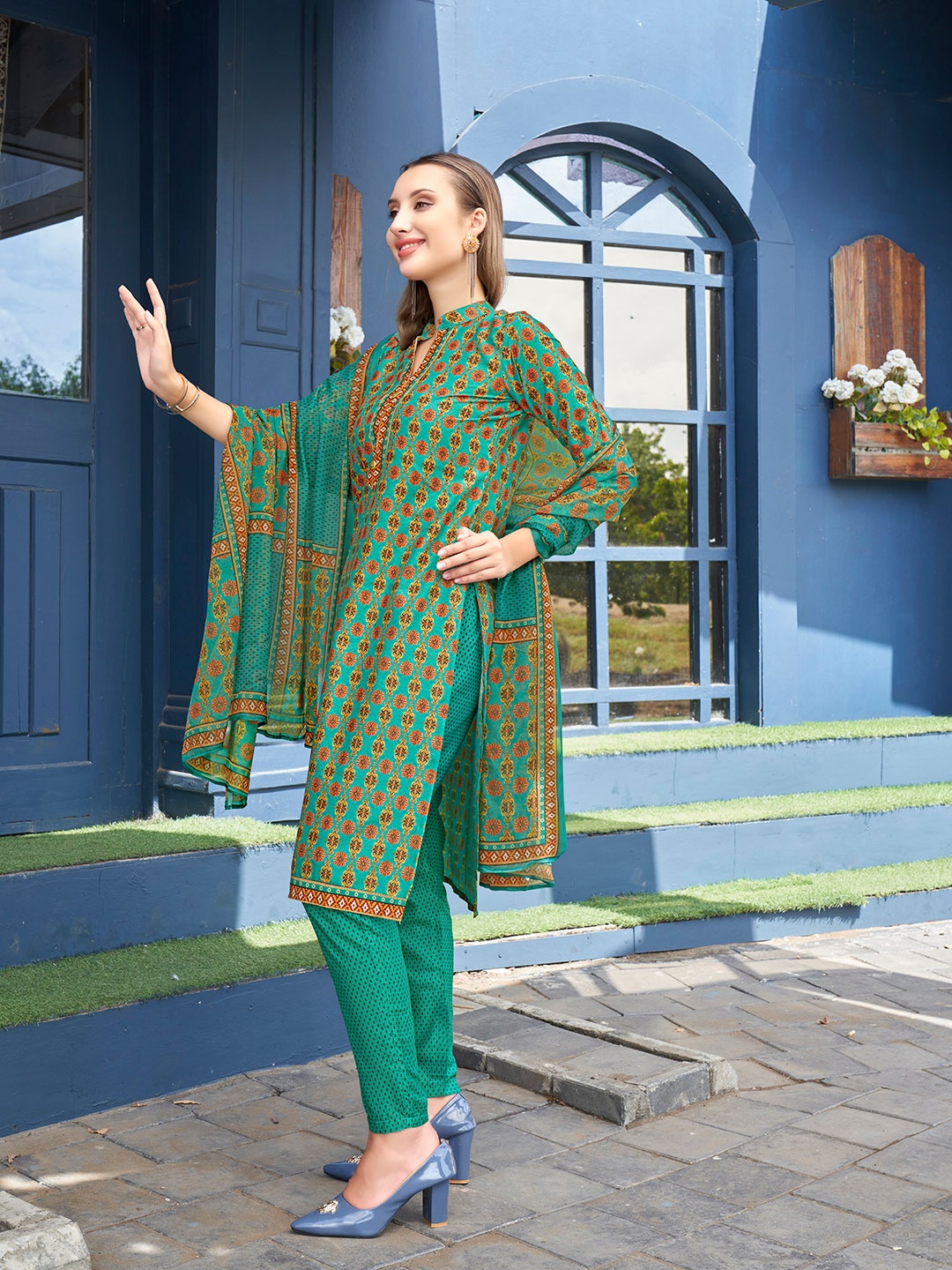 

Anouk Ethnic Printed Regular Kurta With Trousers & Dupatta, Turquoise blue