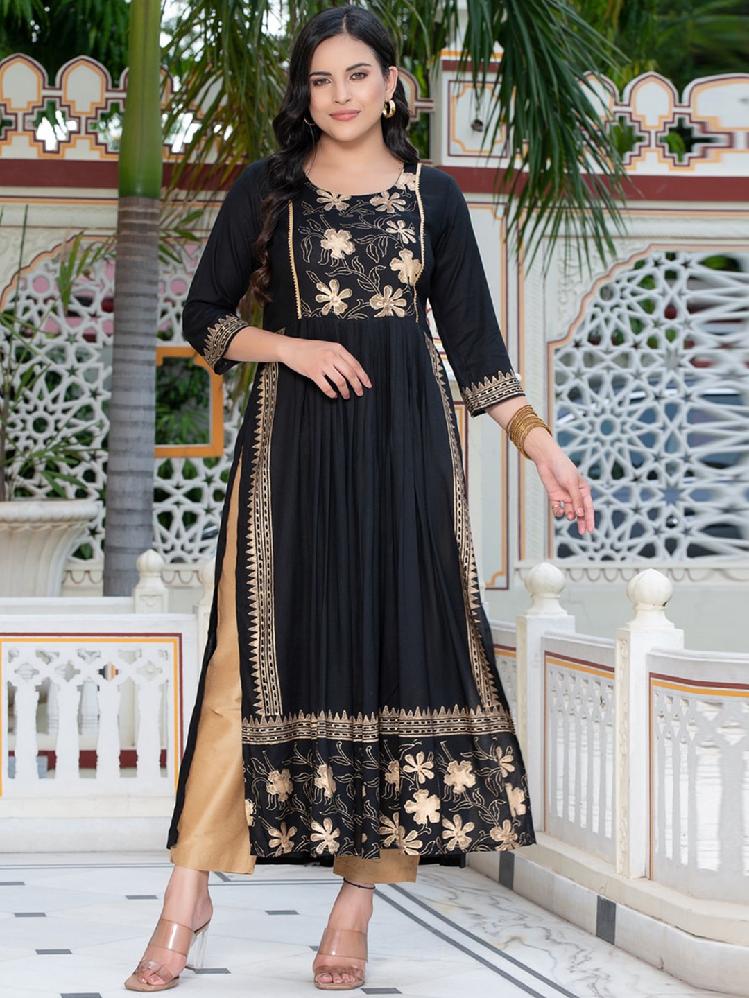 

Indi INSIDE Ethnic Motifs Block Printed A-Line Kurta, Black